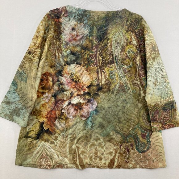Chico's size XL/3 Green Brown Floral Split Neck Mesh Stretch Artsy Boho Blouse - Picture 8 of 9